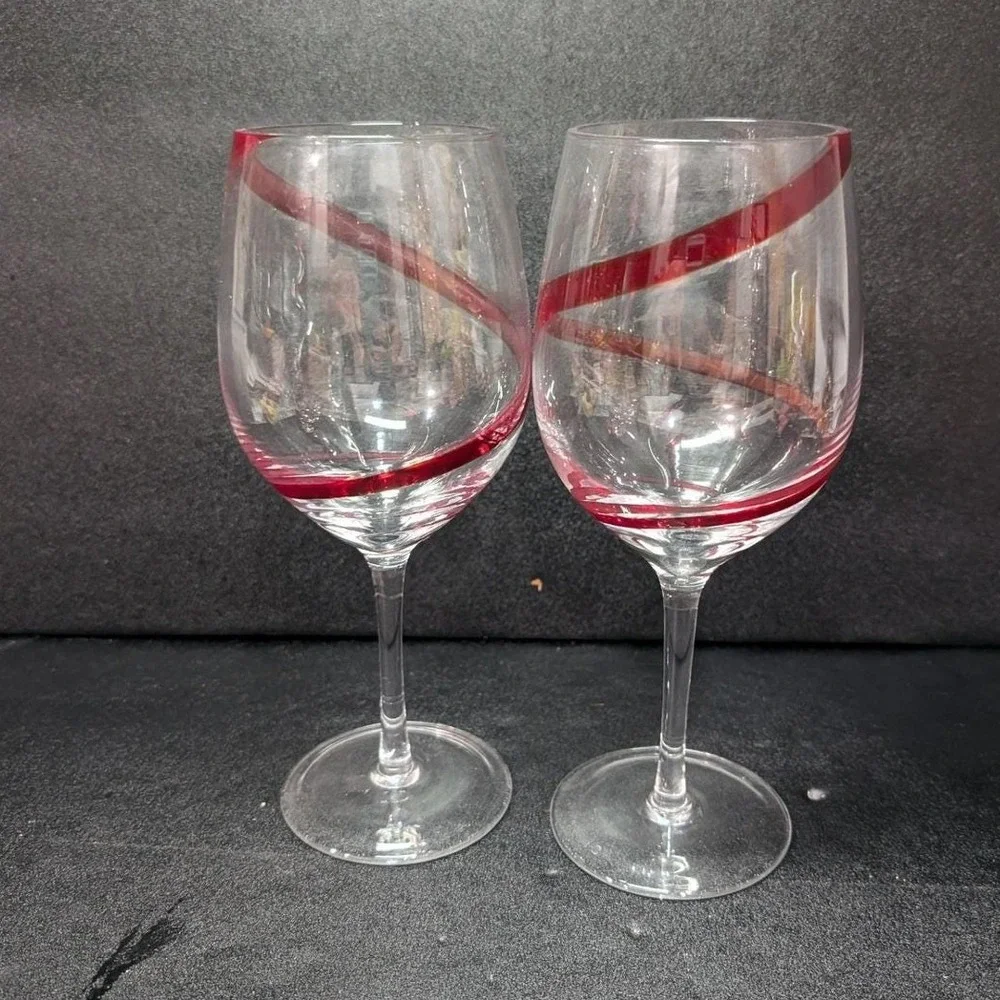 Pier 1 Red Swirline Wine Glasses, Set‎ Of 2, Vintage Clear Stemware, Replacement
